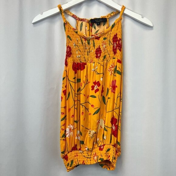 Rachel Roy Womens Blouse Gold Floral Halter Ruched Keyhole Tank S - Picture 1 of 12